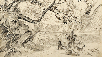 Sketch of a woman standing at a spinning wheel surrounded by trees and foliage