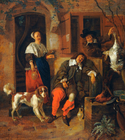 Painting of a tavern scene with a man sitting down slouching sideways, another man standing to the right and a woman serving drinks to the left. A brown and white dog is also in the left hand corner.