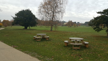 Circular picnic benches at the bottom of the parkland by the boats 