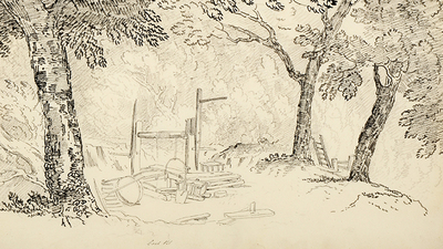 Sketch of mining machinery surrounded by trees