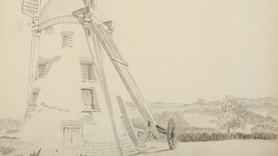 Sketch of a windmill with fields and trees to the right