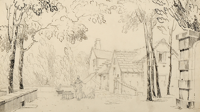 Sketch of a house surrounded by trees and a woman feeding chickens outside