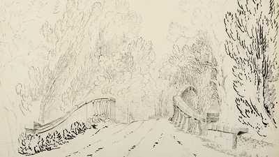 Sketch of a bridge leading away from us with rough outlines of trees on either side.