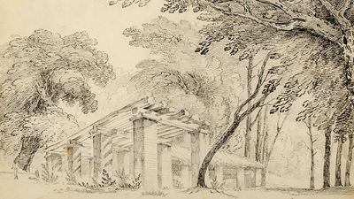 Sketch of the deer shelter at Cannon Hall with colonnades and trees outside it