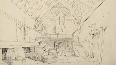 Sketch of a building with gabled roof and beer barrels and butter churns, a staircase to the right