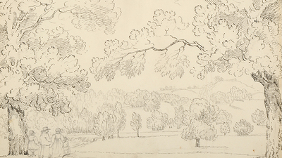 Sketch of Cannon Hall parkland with trees and fields and three people walking in the bottom left corner