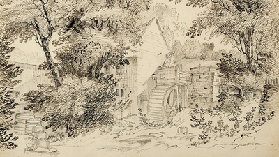 Sketch of a water mill surrounded by trees and partially obcsured thick foliage