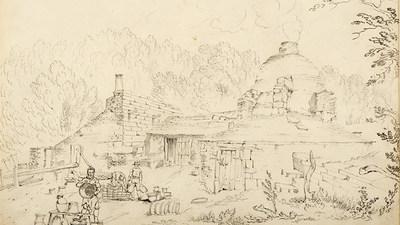 Sketch of pottery kiln with chimneys for the fire and people working outside it