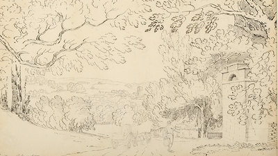 Sketch of a road leading through trees and fields, a man and a horse and cart are on the road and a building to the right