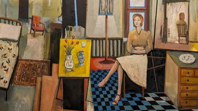 A woman sits on a chair in a room with checkered blue and black floor, surrounded by furniture, a table with flowers, and a mirror reflecting her back. The scene is painted in a modern, abstract style.