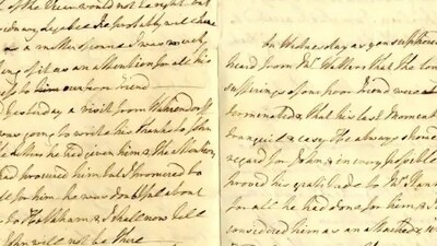 A scanned image of a handwritten letter in cursive script on two pages. The paper is slightly yellowed with age, and there is a blue circular ink stamp on the upper right corner of the right page.