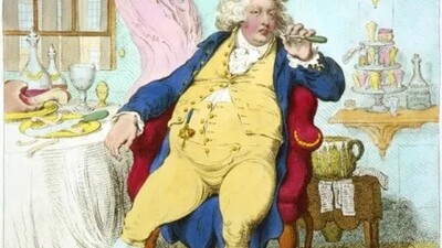 A man in 18th-century clothing lounges in a red chair, holding a fork with food. The room is ornate, with a table of dishes, a window, and a wall clock. The man looks relaxed and indulgent.