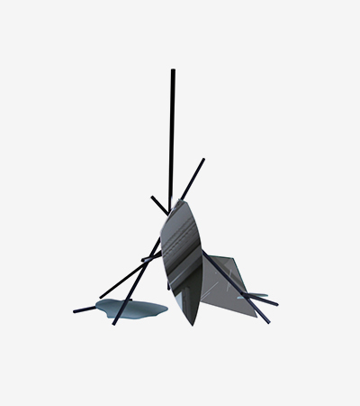 Abstract sculpture with different leaf like shapes attached to thin black sticks arranged in a pyramid structure