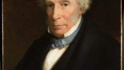 A painted portrait of an older man with gray hair, sideburns, and a serious expression, wearing a black coat, white shirt, and blue cravat, set against a dark background.