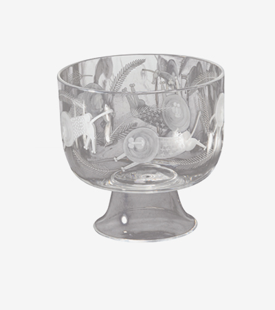 Glass vase with a small base and a wide squat bowl like container. It is grey and white and decorated with animals and foliage like a jungle scene