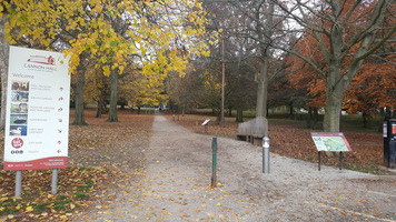 Main path to the hall. It is up a slope, lined with trees.