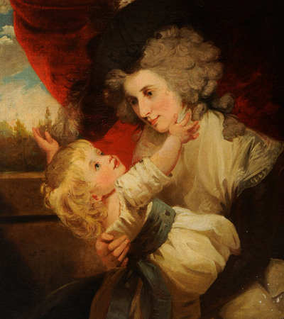 Painting of a woman sitting and holding a small girl on her lap