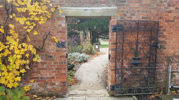Entrance to walled garden. A black wrought iron gate leading through a brick wall.