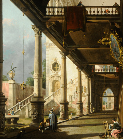 Painting of an ornate building with colonnades and a man and boy walking down the main hall. A woman sits on the right hand side.
