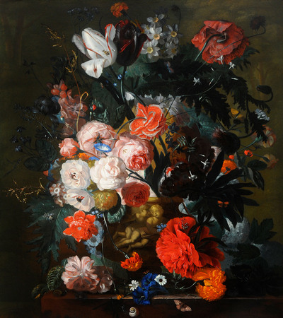 Painting of an ornate bouquet of flowers of different colours such as white, red and blue