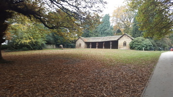 Deer shelter, half way up the path. A long building open on one side with decorated columns.