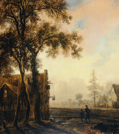 Painting of a rural scene, a house on the left behind some trees and a man and boy walking towards it from the right