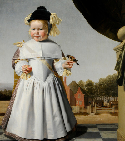 Painting of a child in a blue dress with a small bird perched in one hand and a half eaten apple in the other, smiling at the artist.