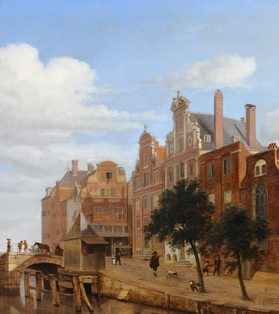Painting of a historic city scene with a horse and cart crossing a bridge, ornate buildings and a man walking a dog along a river bank