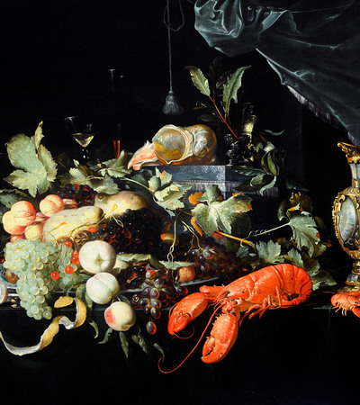 Painting of a dinner table piled high with food including lobsters, fruit, seafood and leafy foliage