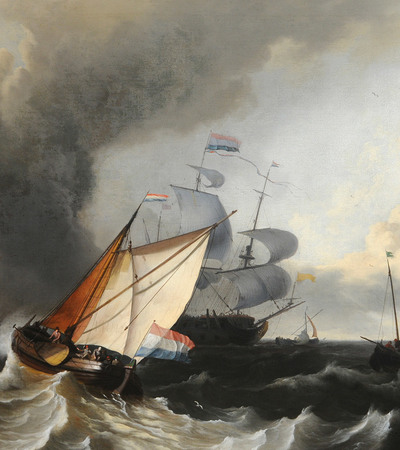 Painting of two ships being blown about on a stormy sea. One is flying a French flag.