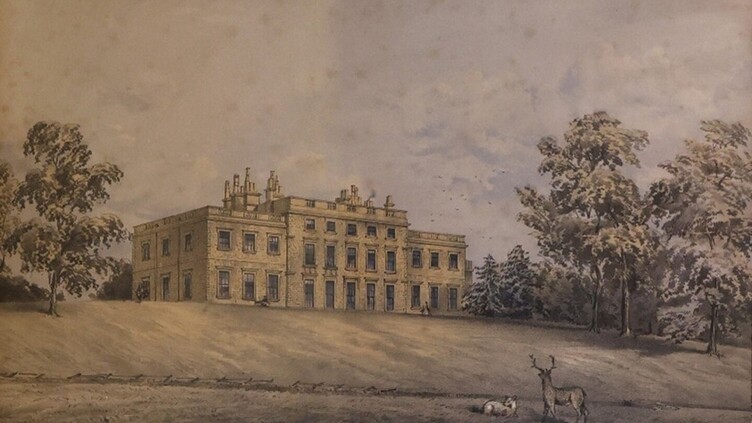 A sepia-toned illustration of a large, rectangular mansion with many windows and chimneys, surrounded by trees. In the foreground, a deer and two lambs stand on a grassy lawn under a cloudy sky.